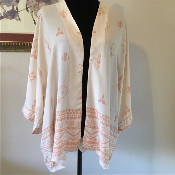 Harlow Tops - Harlow lightweight Aztec/southwest kimono tan and orange